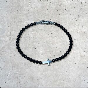 David Yurman black ónix spiritual beads silver cross station bracelet, 4mm.